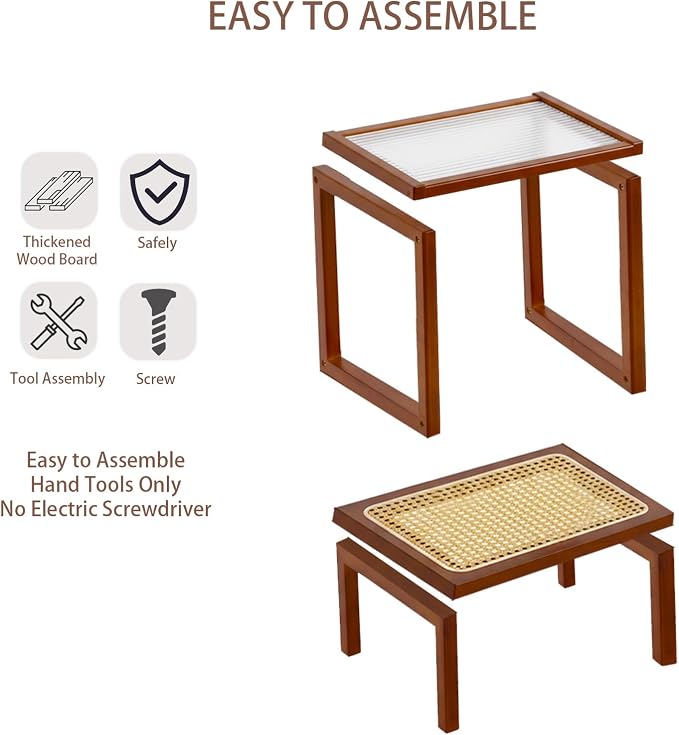 Tiita Rattan Side Table, Mid Century Nightstand, 2-Tier Bamboo Accent Bedside - Image 7