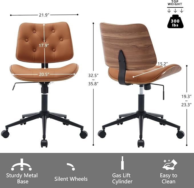 Armless Home Office Chair with Wheels, PU Leather Adjustable Height Computer - Image 2
