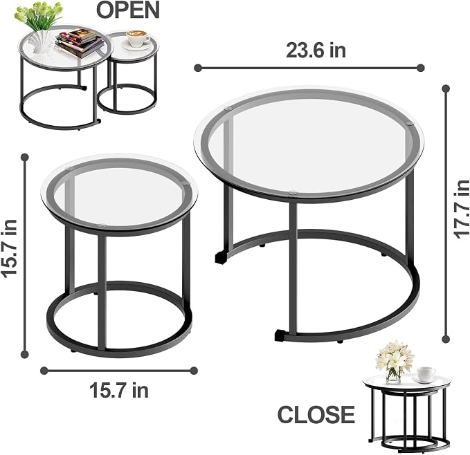 aboxoo Black Nesting Coffee Glass Table Set of 2, Metal Freme Side End Tables - Image 3