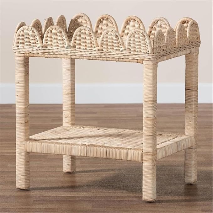 Pemberly Row Bohemian Scallop Side Table, Natural Rattan and Mahogany Wood - Image 9