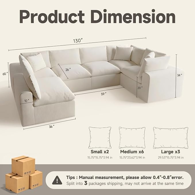 130" Oversized Boneless Cloud Couch, Modular Sectional Couches - Image 2
