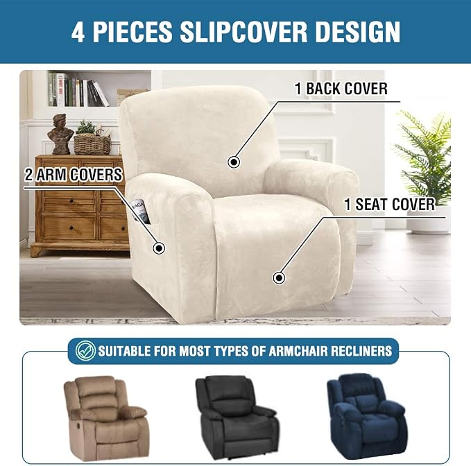 H.VERSAILTEX Velvet Stretch Recliner Couch Covers 4-Pieces Style Recliner Chair - Image 2