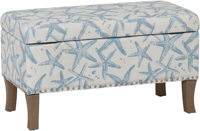 Linon Stephanie Cream and Light Blue Starfish Fully Upholstered Bench - Image 11
