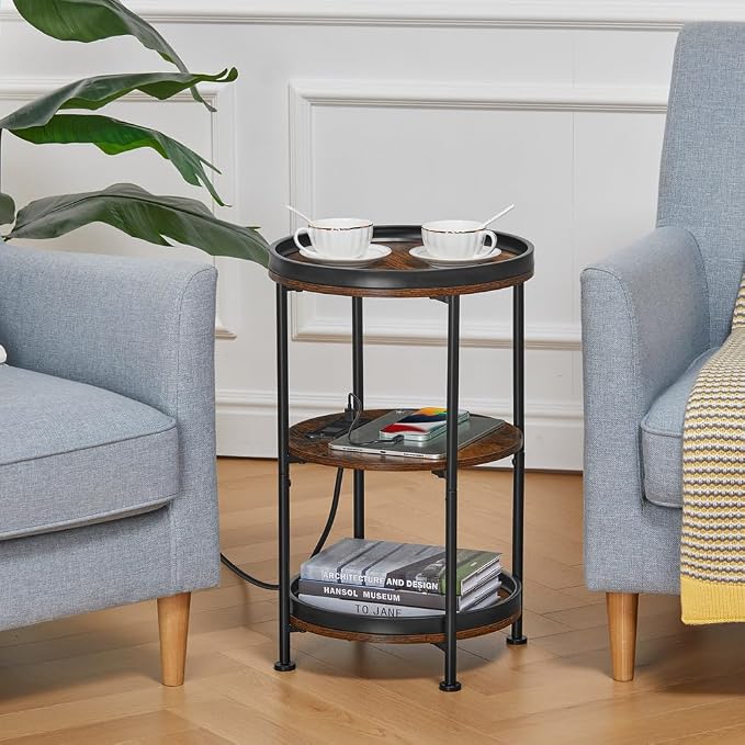 Dulcii Round Side Table with Charging Station, End Table with 3 Shelves - Image 4