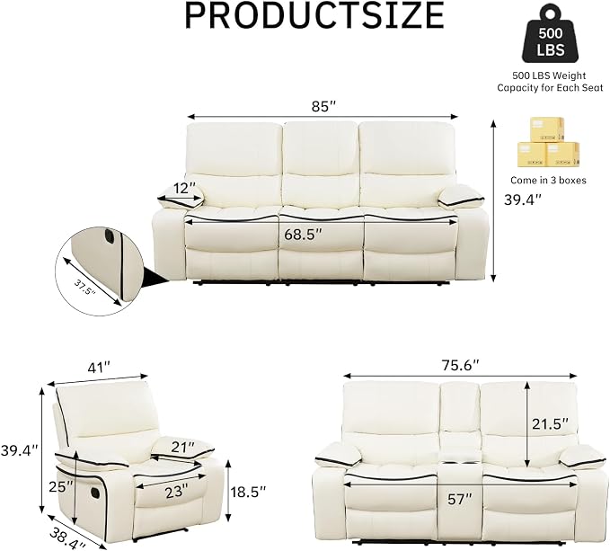 3-Piece Recliner Sofa Set, Adjustable Leather Recliner - Image 2
