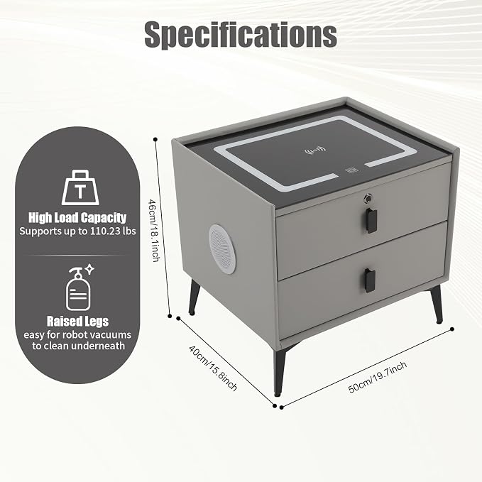 Smart Nightstand with Charging Station, Adjustable LED, USB Ports, Fingerprint - Image 2