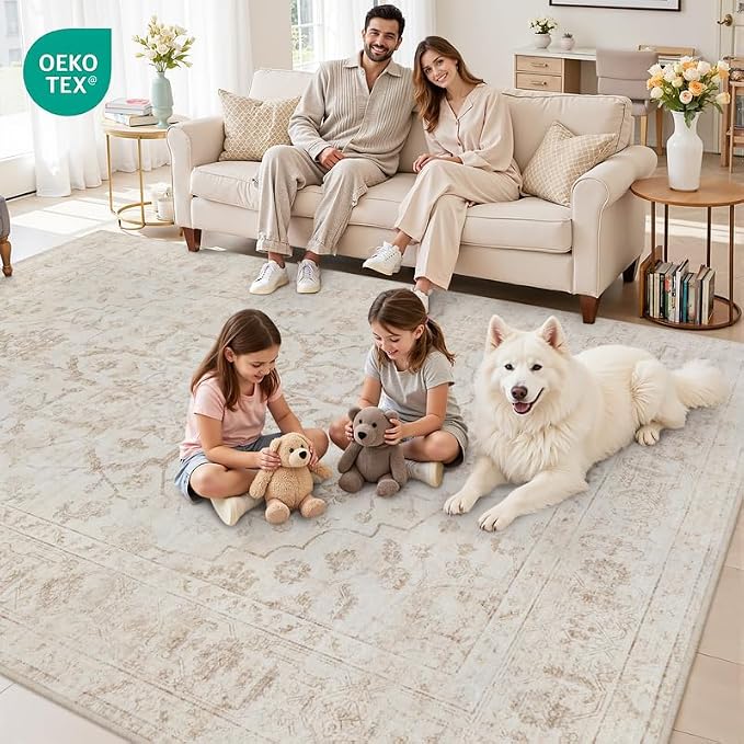 Area Rugs 9x12 Living Room: Bedroom Washable Carpet Warm Beige | Vintage Boho - Image 7
