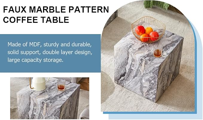 16'' Cube Coffee Table with Marble Stone Pattern, Square No Assembly End Table - Image 7