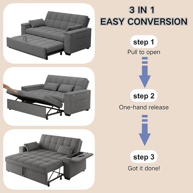 Gizoon 3 in 1 Convertible Sofa Bed, 63.6'' Pull Out Couch - Image 4