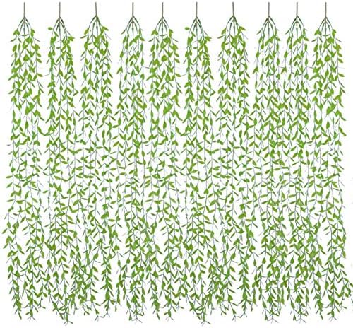 Artificial Hanging Vine, 10 Pcs Weeping Willow Plastic Plants Greenery Leaves Faux Ivy Garland Fake Plant UV Resistant for Indoor Outdoor Garden Door Wall Baskets Wedding Party Table Decoration Green by CATTREE