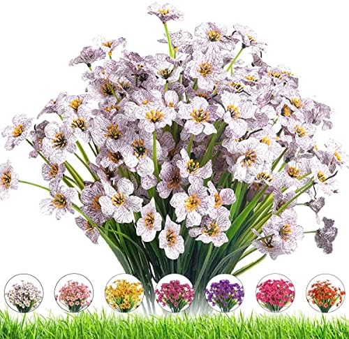 Artificial Outdoor Flowers,8 Bundles UV Resistant Fake Flowers,Artificial Violet Flowers Plastic Faux Flowers Greenery Plants for Outdoor Garden Porch Window Box Decoration(White) by DRTDERUITAI