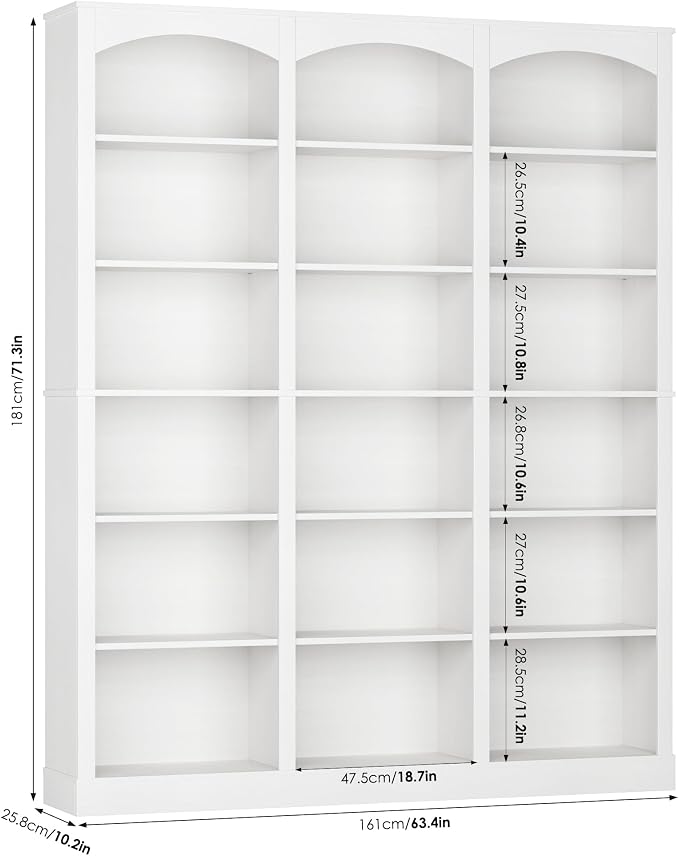 FACBOTALL 71" Triple Wide Bookshelf, 6 Tier Bookcase, Large White Bookshelf - Image 3