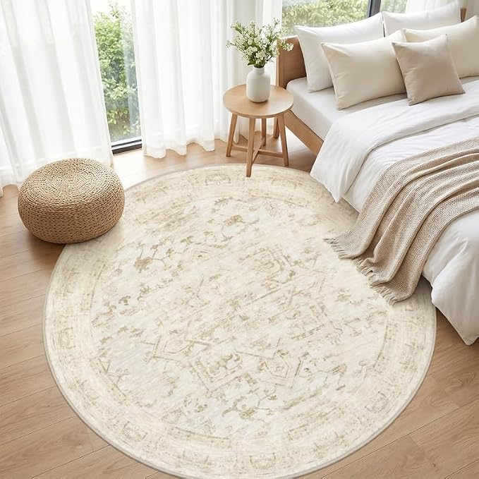 Round Area Rug Living Room: 8ft Washable Carpet Beige/Brown | Vintage Boho - Image 4