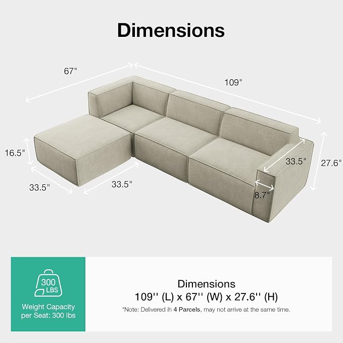 Novilla 109" Modular Sectional Sofa, No Assembly Cloud Sectional Couch - Image 2