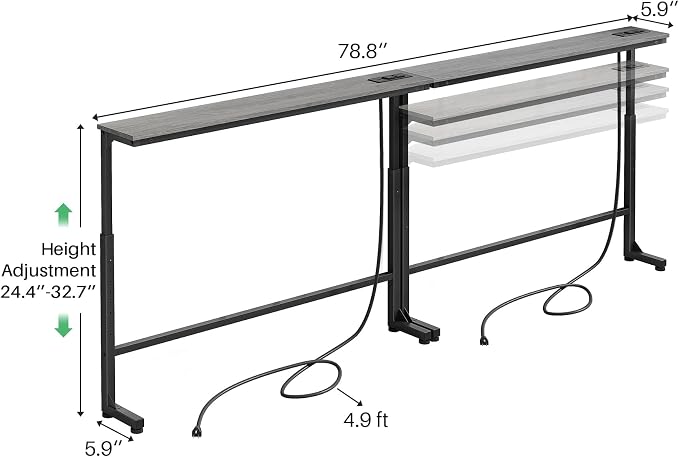 Kitstorack 2-Pack Dark Gray Long Sofa Table Behind Couch, Adjustable Height & 2 - Image 3