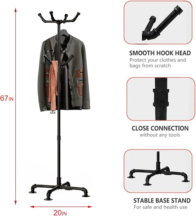 Industrial Coat Rack, Metal Pipe Coat Rack Stand Freestanding - Image 5