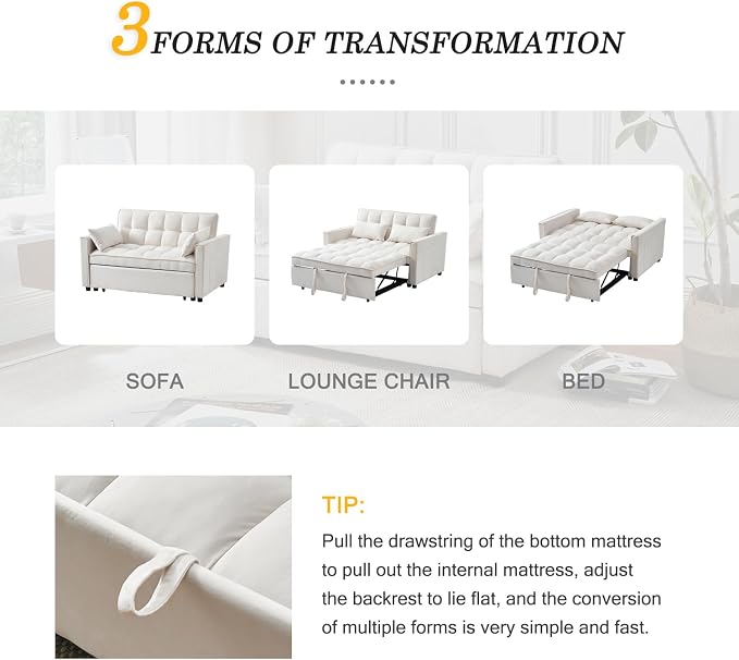 3-in-1 Convertible Sleeper Sofa Bed, Premium Velvet Pull Out Loveseat - Image 5