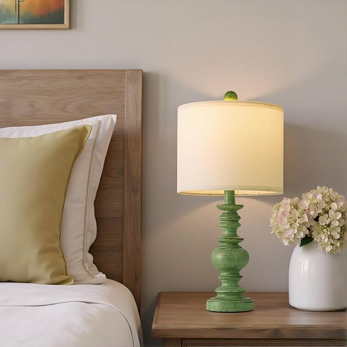 BOBOMOMO 20" Sage Green Table Lamps Set of 2 – Farmhouse Resin Bedside Lamps - Image 2
