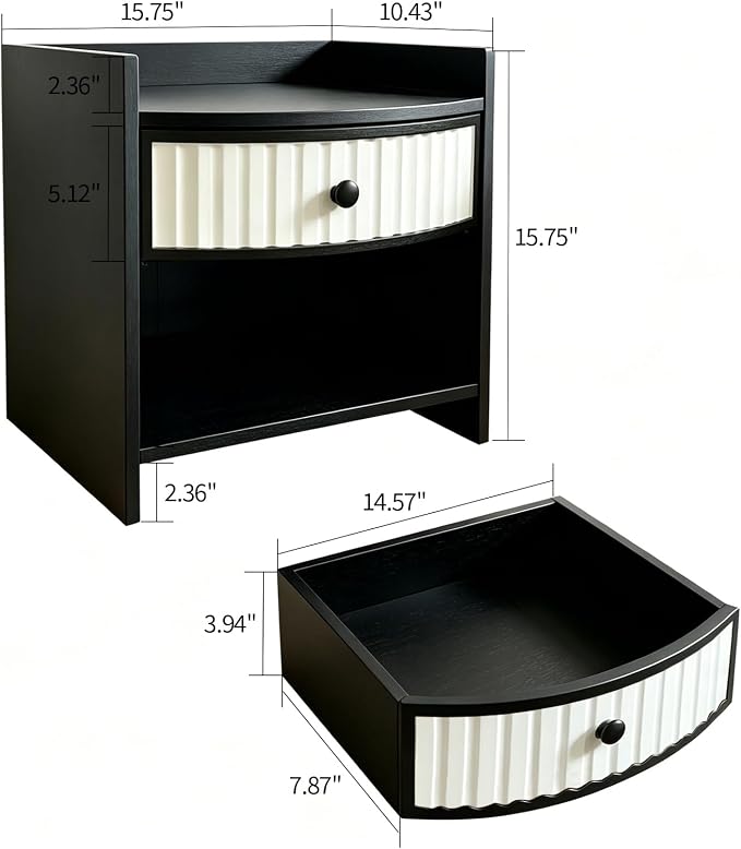 Wooden Nightstand with Drawer and Open Storage Shelf, Curved Front Bedside Table - Image 2
