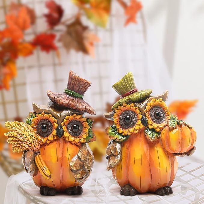 Hodao Harvest Decor Resin Owl Figurines with Sunflower and Pumpkin, Thanksgiving Collectible Statue for Autumn Table Decor, Rustic Fall Accent Gift for Home and Garden Seasonal Decoration - Image 2