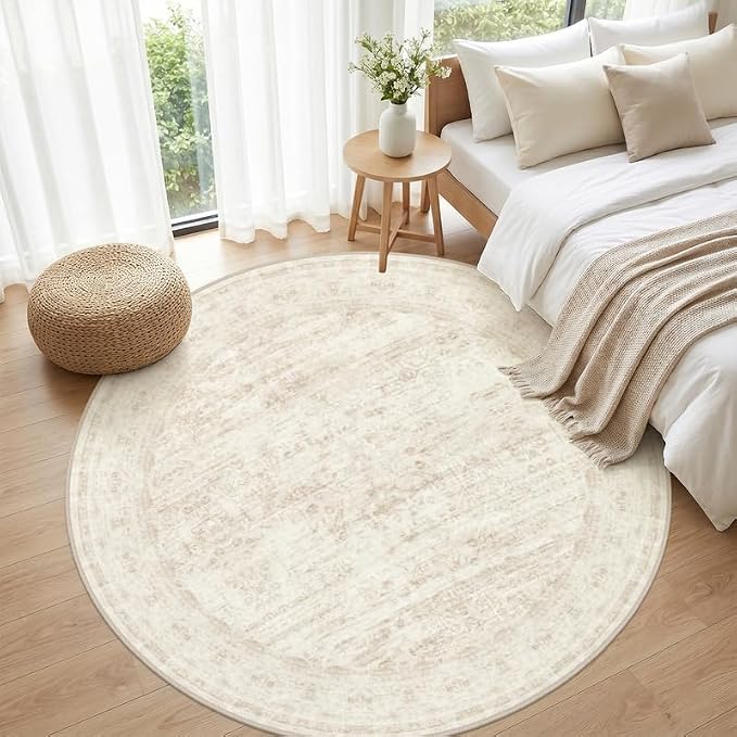Round Area Rug Living Room: 8ft Washable Carpet Retro Beige | Vintage Boho - Image 4