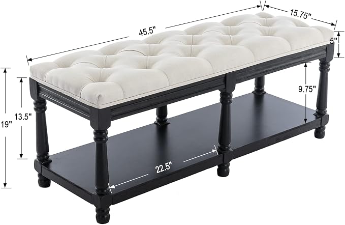 Farmhouse Storage Bench Wooden Entryway Linen Upholstered Ottoman Button Tufted - Image 2