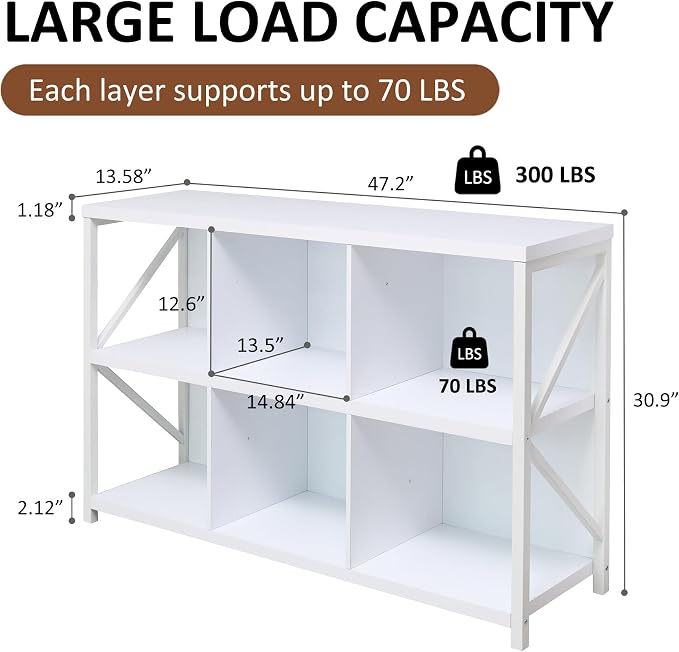 6 Cube Storage Organizer Bookshelf, Industrial Horizontal Bookcase, Accent - Image 2