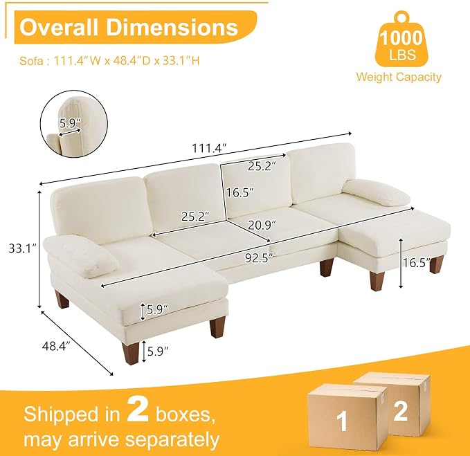 Karl home 111" Sectional Sofa U-Shaped 4-Seat Couch - Image 2