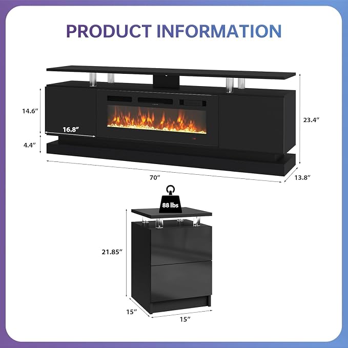 3-Piece Modern Living Room Table Set, Includes High Gloss 70" Fireplace TV - Image 2