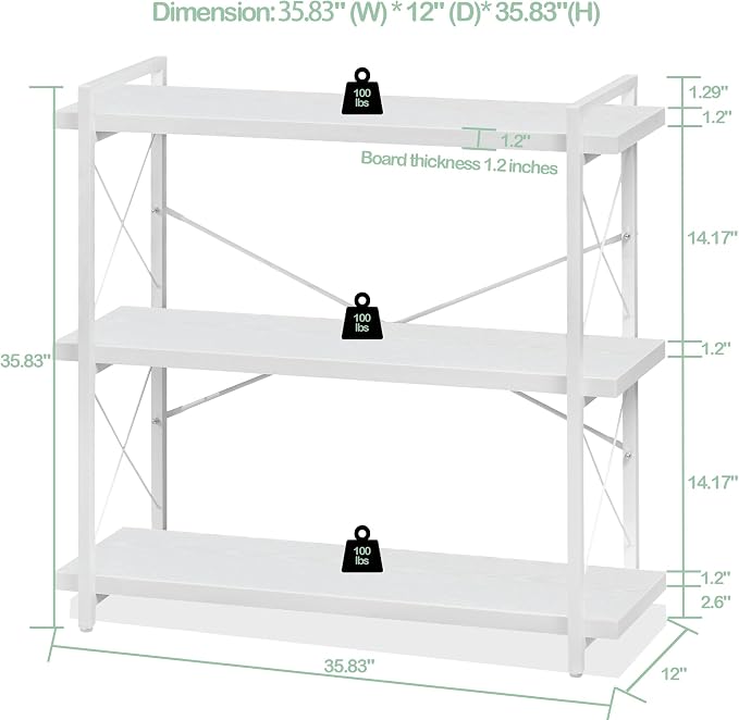 HCHQHS Bookshelf, 3-Tier Industrial Bookcase, Freestanding Horizontal - Image 3