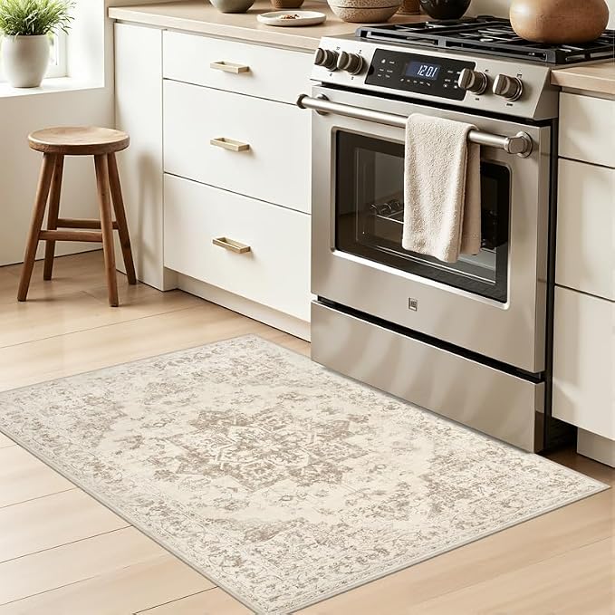 Washable Area Rugs 2x3: Living Room Bedroom Carpet Beige/Ivory | Vintage Boho - Image 3