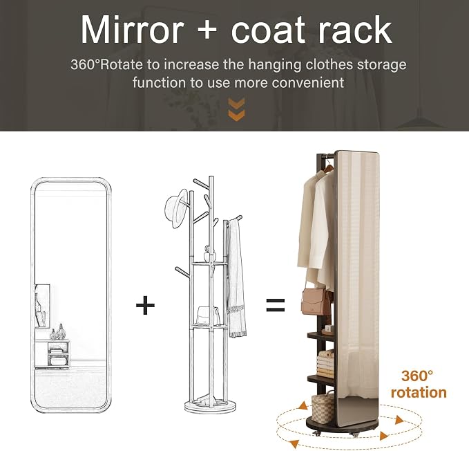 WoodsWhisper Full Length Mirror Coat Rack Solid Wood Floor Mirror 66"x12" Full - Image 3