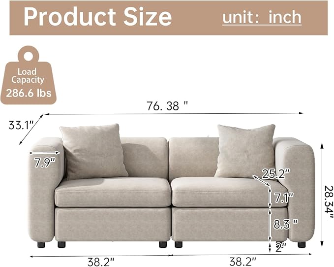 Guyii Modern 76.38" Long Oversized 2-Seat Velvet Convertible Loveseat Sofa - Image 2