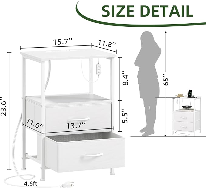 Somdot White Nightstand with Charging Station and LED Light - Image 3