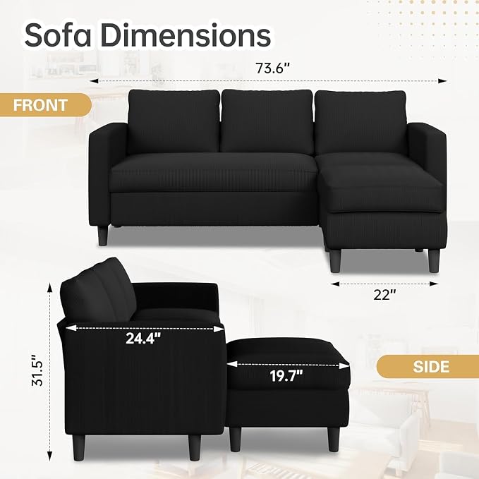 JAMFLY Sectional Sofa for Living Room, 3-Seat Reversible Couch - Image 2