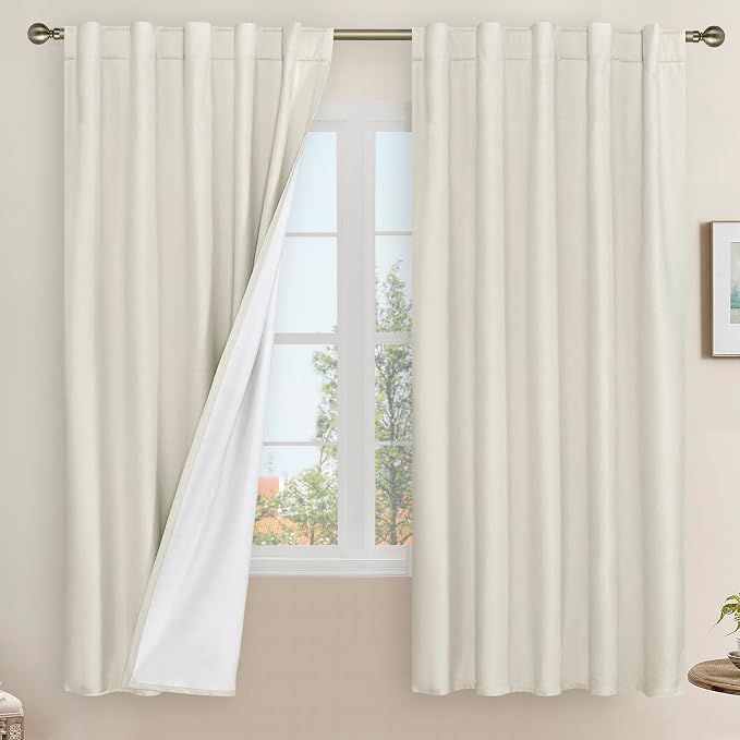 Natural 100% Blackout Linen Curtains 63 Inches 2 Panels, 42 x 63 Inch | Ivory by LAMIT