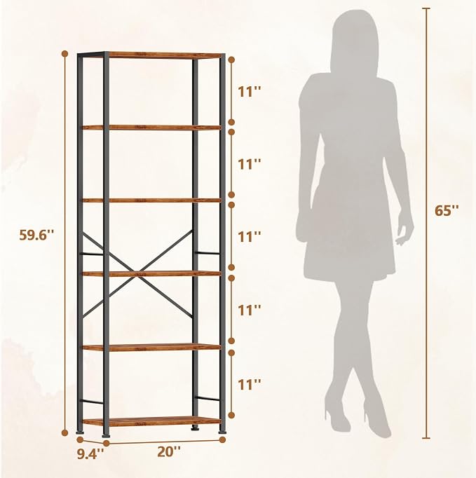 Furologee 6 Tier Book Shelf, Tall Wide Bookshelf, Industrial Open Bookcase - Image 3