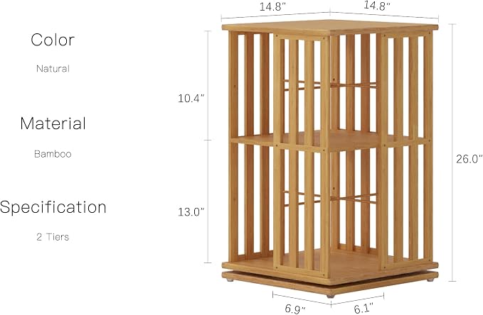 YOWOS Rotating Bookshelf Tower, 360° Display Spinning Bookcase, Bamboo - Image 2