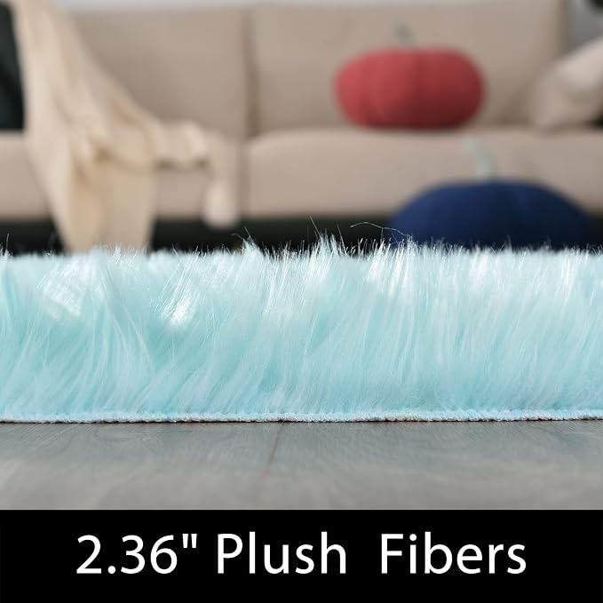 Latepis Blue Fur Circle Round Rugs 4ft Faux Sheepskin Rug Washable Fluffy - Image 2