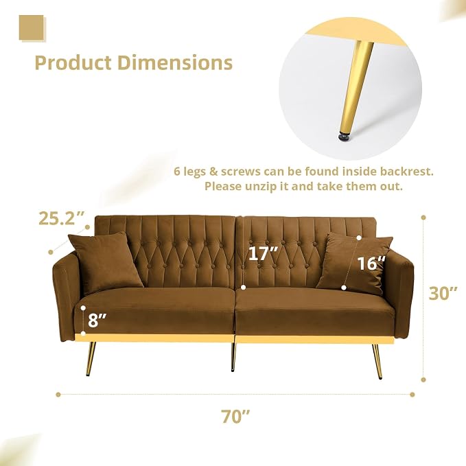 70” Velvet Futon Sofa Bed with 2 Pillows and Adjustable Armrests, Convertible - Image 3