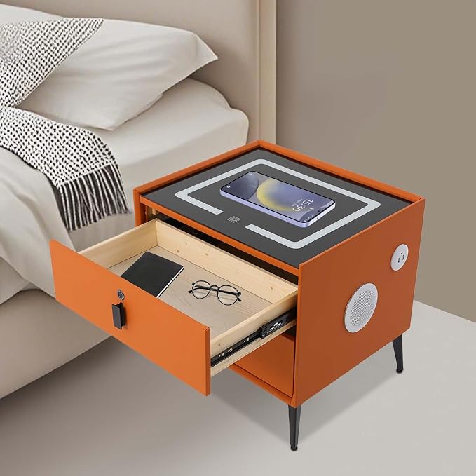 Smart Nightstand w/Fingerprint Lock Drawers, Smart Bedside Table w/USB Charging - Image 2