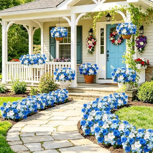 Uieke Artificial Flowers for Outdoors, 24PCS Faux Petunias Outdoor Uv Resistant Silk Flower, Spring Decorations for Home Garden Patio Porch, Blue&White - Image 7