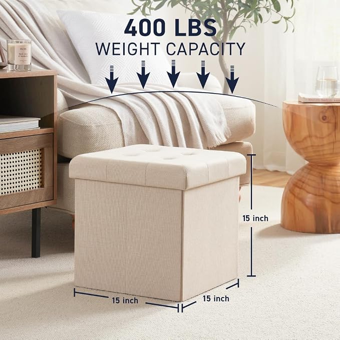 Ornavo Home 2 Pack 15 Inch Folding Storage Ottoman, Square Cube Linen Small - Image 3