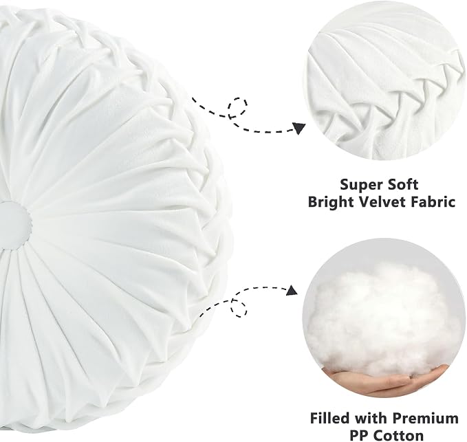 HIG Set of 2 Off White Velvet Decorative Round Pleated Throw Pillows | Vintage - Image 3