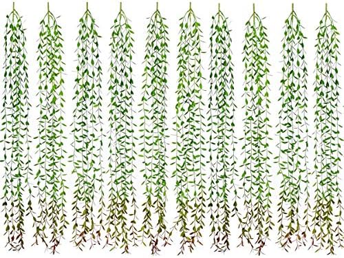 Artificial Hanging Vine, 10 Pcs Weeping Willow Plastic Plants Greenery Leaves Faux Ivy Garland Fake Plant UV Resistant Indoor Outdoor Garden Door Wall Baskets Wedding Party Table Decoration Green Red by CATTREE
