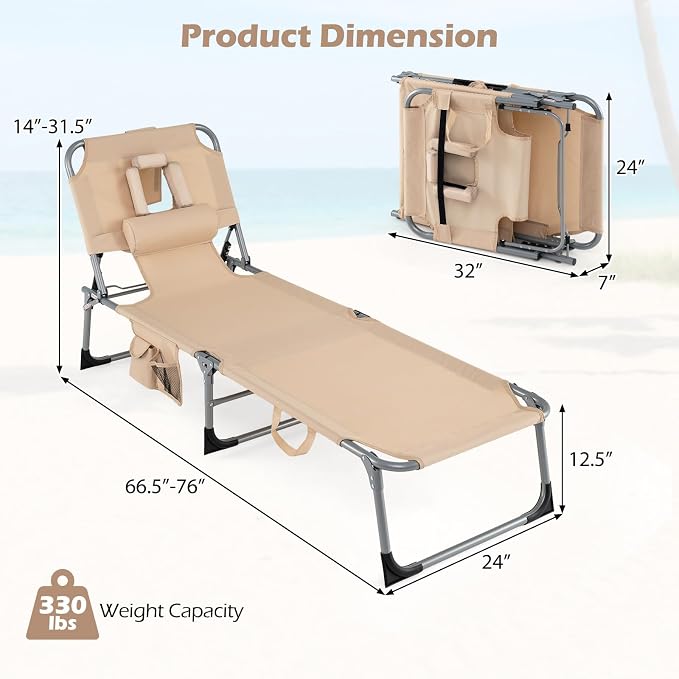 Goplus Tanning Chair, Folding Adjustable Patio Lounge Chair - Image 3