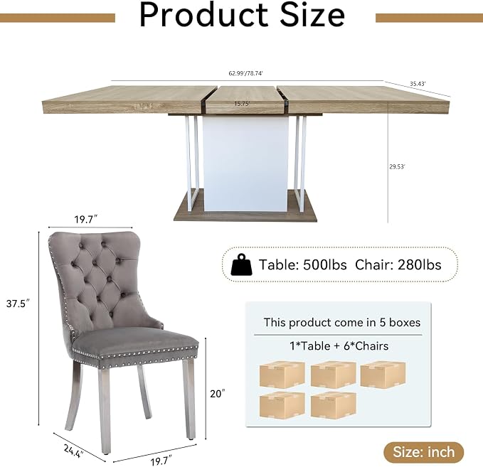 Henf 63"-79" Dining Table Set for 6, 7 Pieces Extendable Dining Table and 6 - Image 7