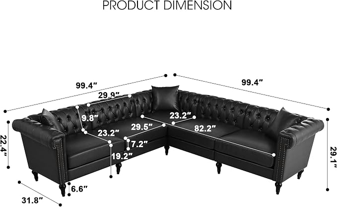 KEIKI 99" L-Shaped Luxury PU Leather Chesterfield Sectional Sofa - Image 2