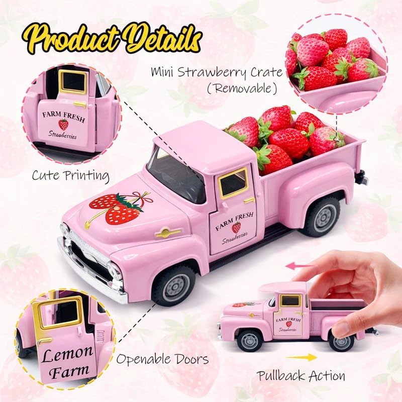 5.7In Pink Strawberry Vintage Truck with 6 Resin Strawberries - Image 4