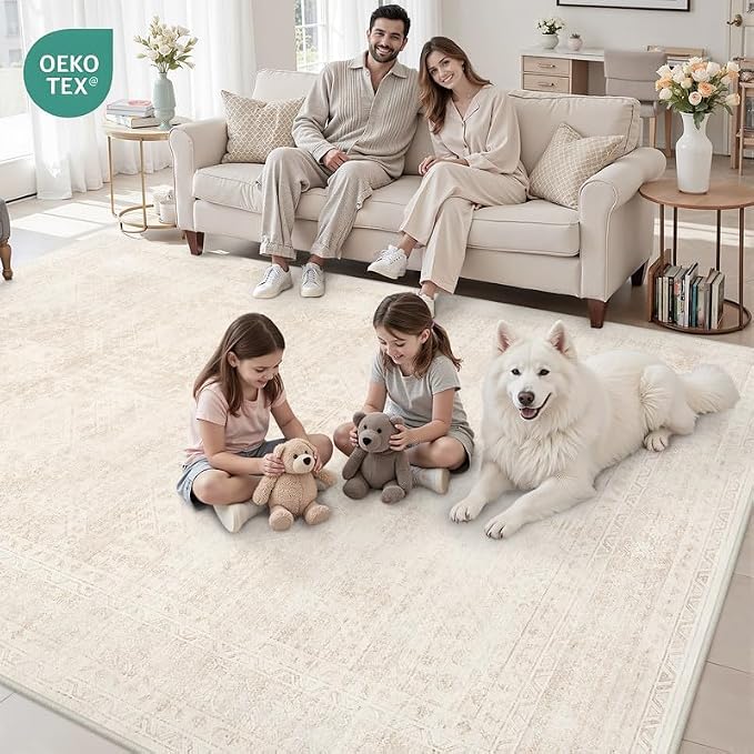 3x5 Area Rugs Living Room: Bedroom Neutral Washable Carpet Beige | Large - Image 8